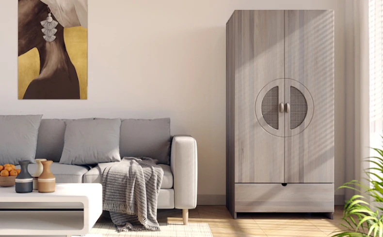 Kolekcja dębowych mebli do sypialni z dodatkiem rattanu