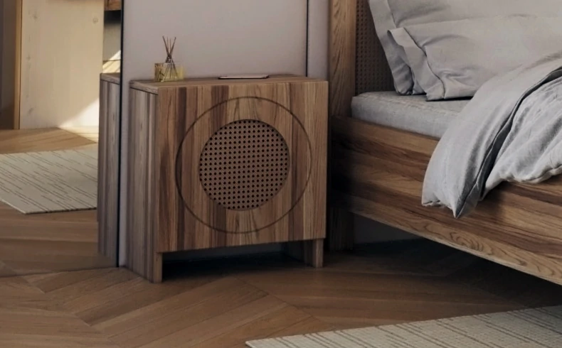 Kolekcja dębowych mebli do sypialni z dodatkiem rattanu