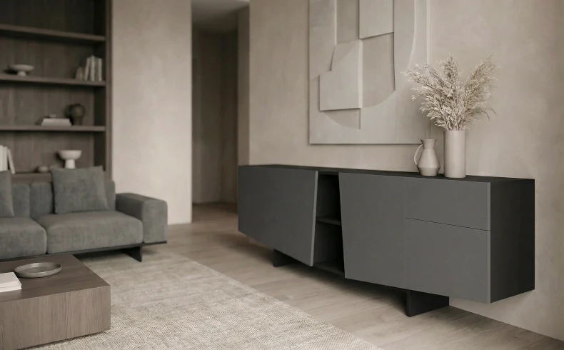 Szara komoda z szafkami i szufladami