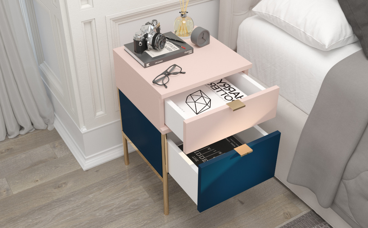 Granatowo różowa szafka nocna wyposażona w dwie szuflady