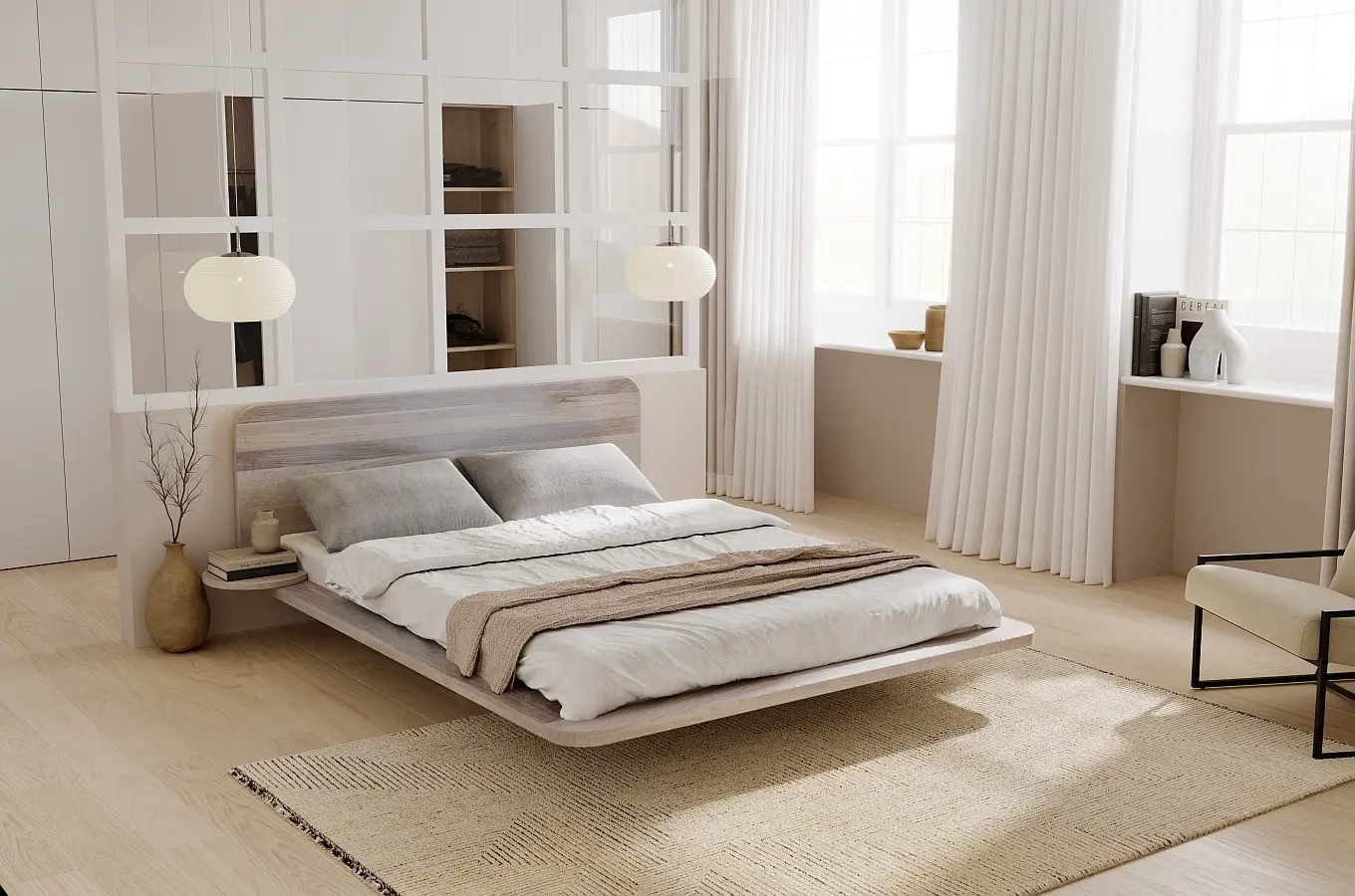 Łóżko lewitujące drewniane dębowe Skandica JAPANDIC / 200x200 cm, olej bielony