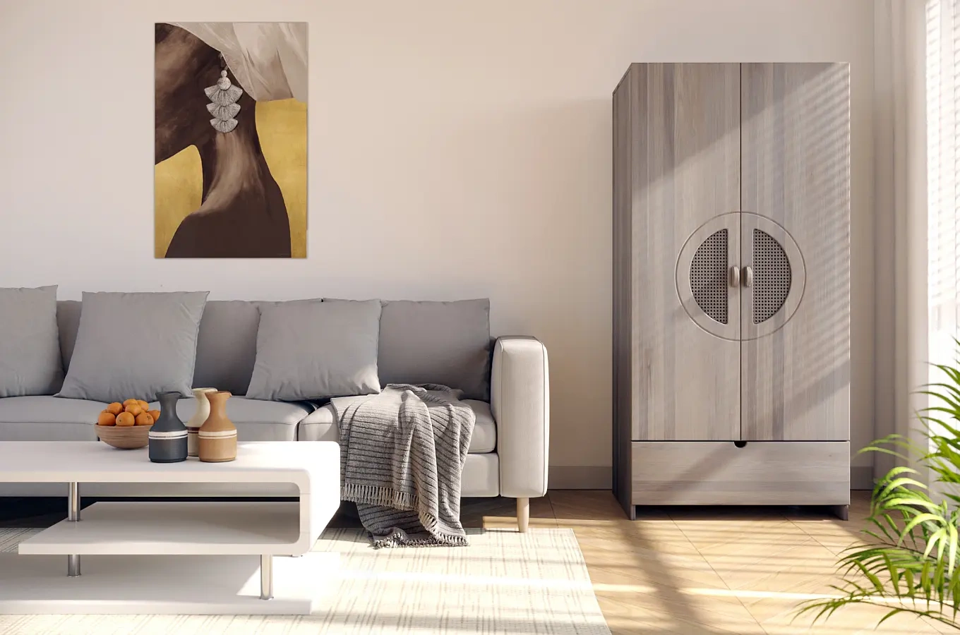 Drewniana szafa dębowa z rattanem Skandica HARMARK 2D1S / olej bielony