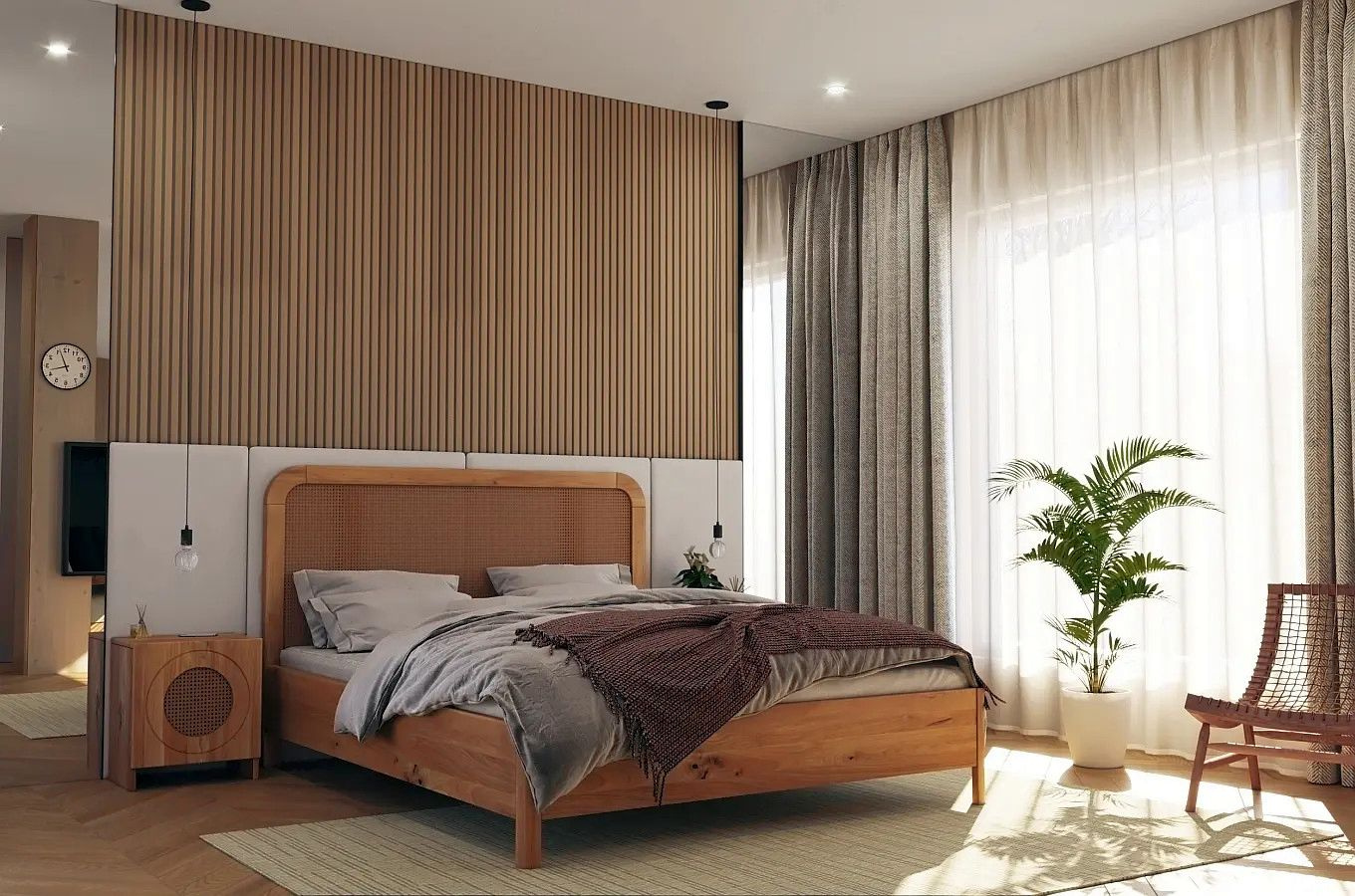 Łóżko drewniane dębowe z rattanem Skandica HARMARK / 200x200 cm, lakier naturalny