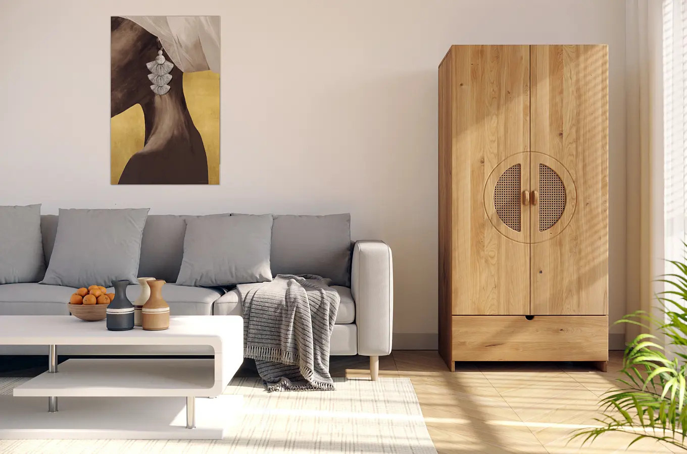 Drewniana szafa dębowa z rattanem Skandica HARMARK 2D1S / olej naturalny